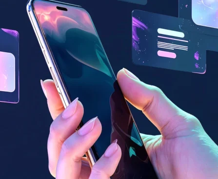 Hand holding a smartphone with floating app UI elements – futuristic app development concept.