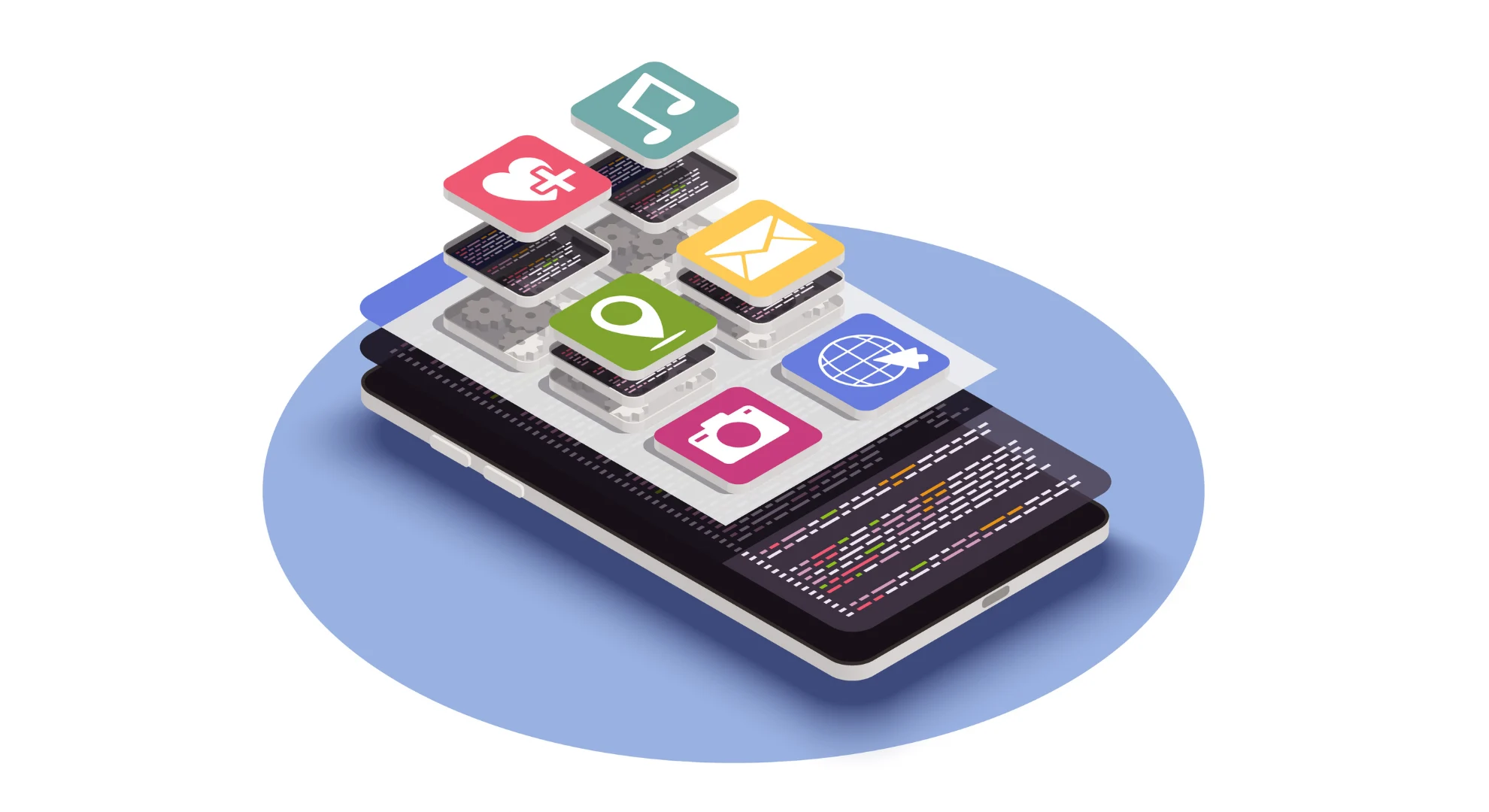 Isometric illustration of a smartphone showcasing various mobile apps and code layers developed by an app development company in Hennur.
