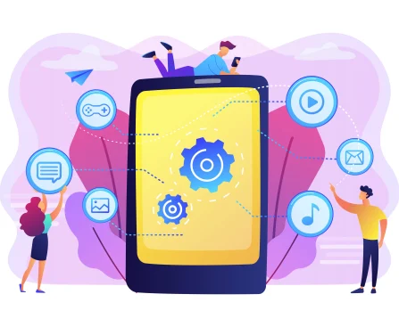 Illustration of mobile interface features by an app development company in HSR Layout, showcasing UI/UX and digital service icons.