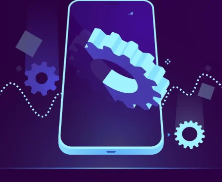 Mobile app with gears symbolizing secure app development services in Bangalore