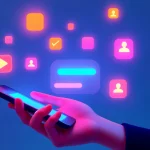 Hand holding smartphone with floating app icons – hybrid app concept.