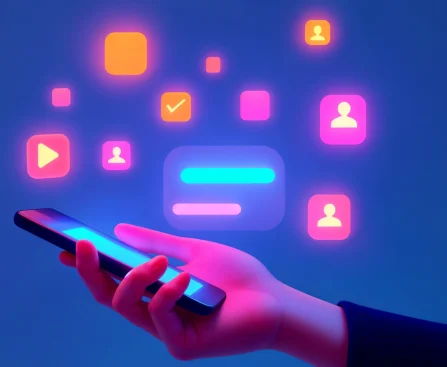 Hand holding smartphone with floating app icons – hybrid app concept.