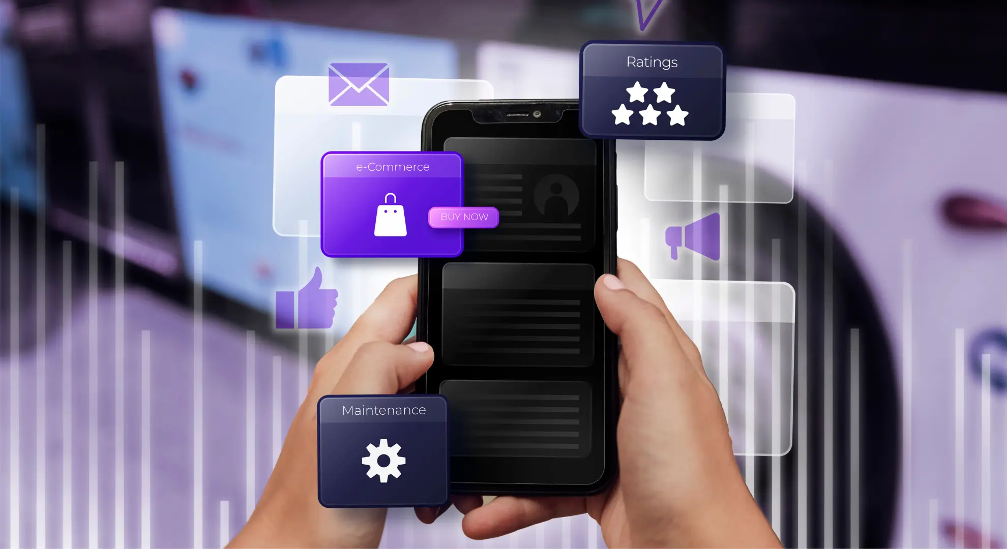 Mobile solutions with e-commerce, ratings, and maintenance – app development services in Bangalore.