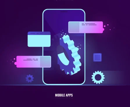 Custom mobile app development illustration with gear and chat boxes.
