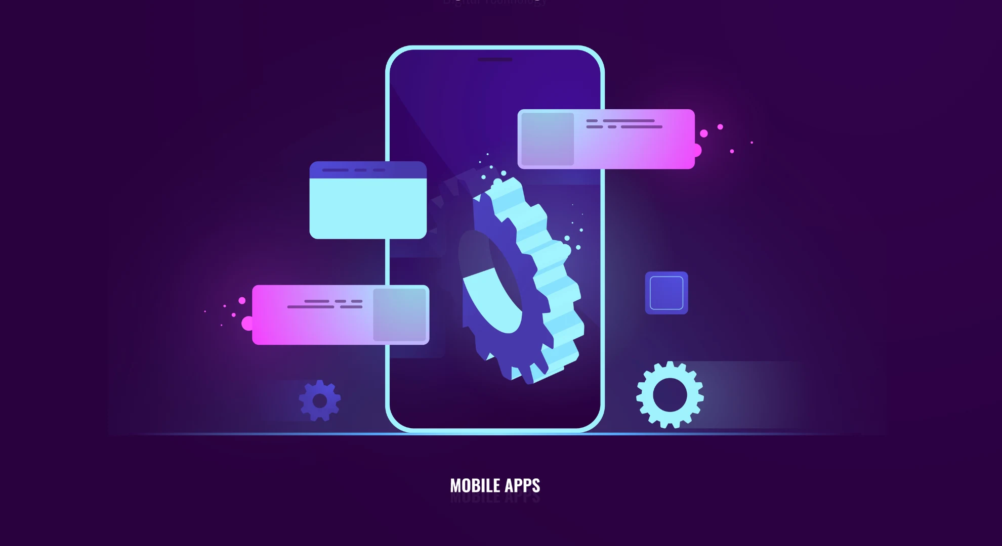 Custom mobile app development illustration with gear and chat boxes.