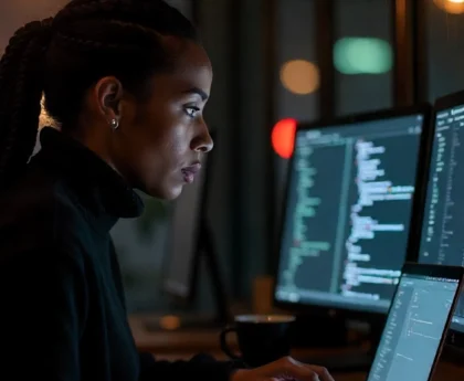 App developer working late on coding project at an app development company in MG Road.