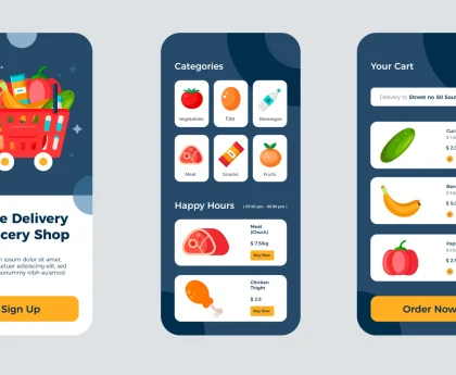 User-friendly food delivery app interface showing grocery categories and shopping cart.