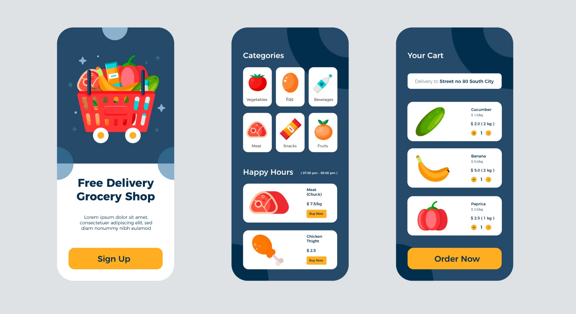 User-friendly food delivery app interface showing grocery categories and shopping cart.